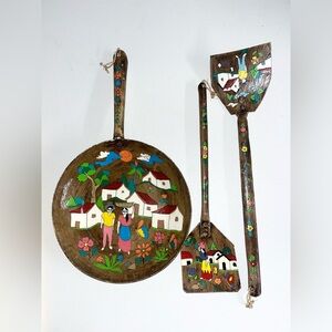 Vintage Hand Painted Mexican Folk Art Metal Frying Pan & 2 Spatulas Man Woman